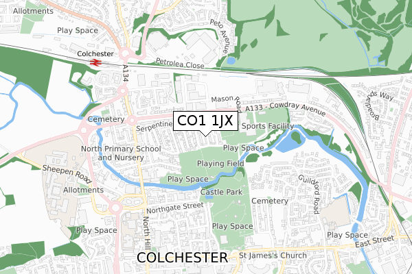 CO1 1JX map - small scale - OS Open Zoomstack (Ordnance Survey)