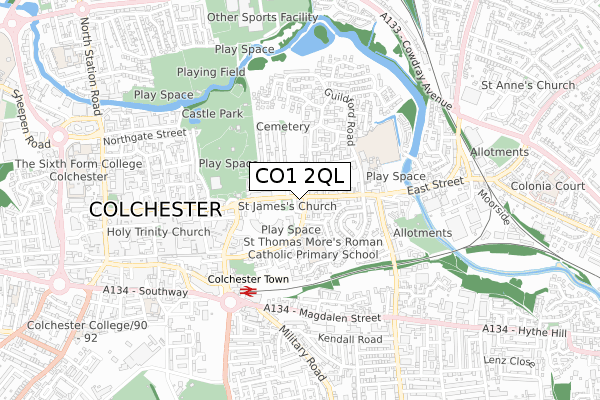 CO1 2QL map - small scale - OS Open Zoomstack (Ordnance Survey)