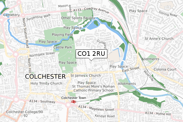 CO1 2RU map - small scale - OS Open Zoomstack (Ordnance Survey)