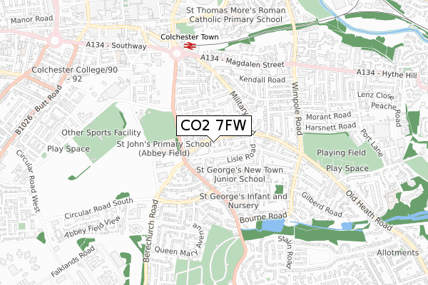 CO2 7FW map - small scale - OS Open Zoomstack (Ordnance Survey)