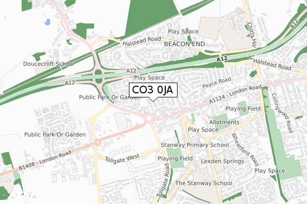 CO3 0JA map - small scale - OS Open Zoomstack (Ordnance Survey)