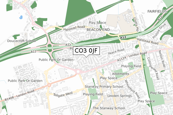 CO3 0JF map - small scale - OS Open Zoomstack (Ordnance Survey)