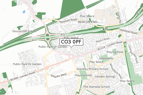 CO3 0PF map - small scale - OS Open Zoomstack (Ordnance Survey)