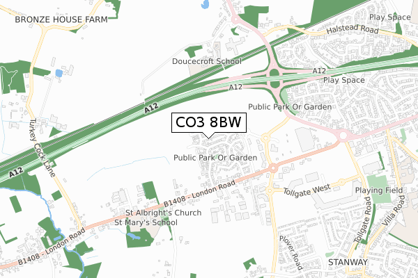 CO3 8BW map - small scale - OS Open Zoomstack (Ordnance Survey)