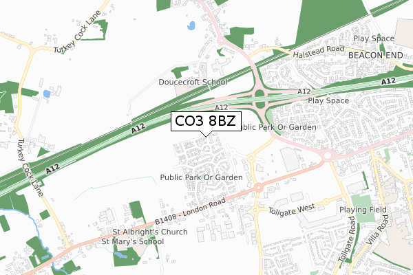 CO3 8BZ map - small scale - OS Open Zoomstack (Ordnance Survey)