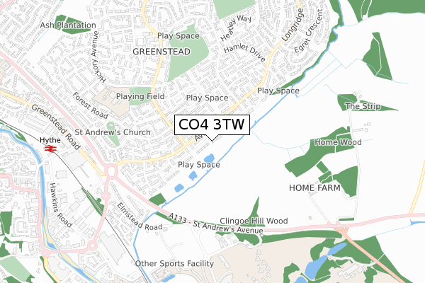 CO4 3TW map - small scale - OS Open Zoomstack (Ordnance Survey)