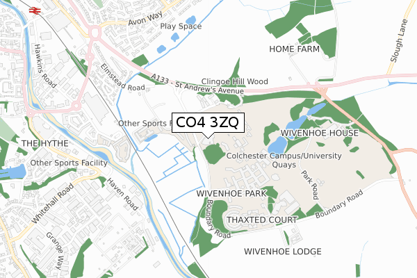 CO4 3ZQ map - small scale - OS Open Zoomstack (Ordnance Survey)