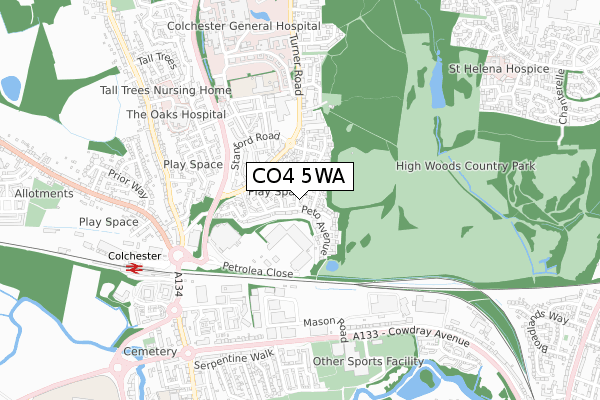 CO4 5WA map - small scale - OS Open Zoomstack (Ordnance Survey)