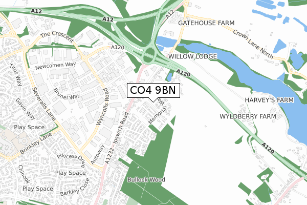 CO4 9BN map - small scale - OS Open Zoomstack (Ordnance Survey)