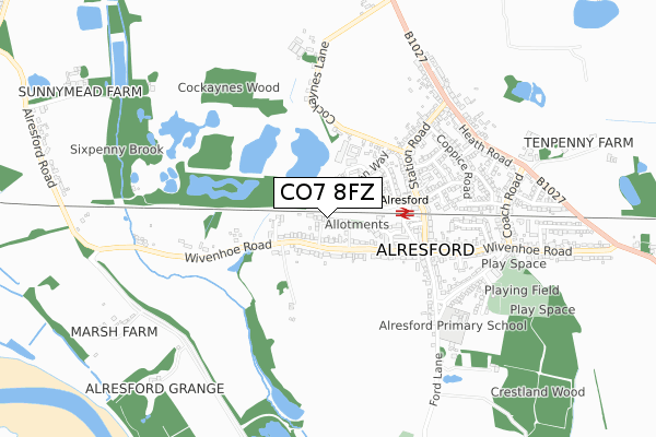 CO7 8FZ map - small scale - OS Open Zoomstack (Ordnance Survey)