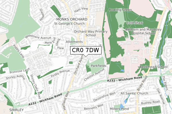 CR0 7DW map - small scale - OS Open Zoomstack (Ordnance Survey)