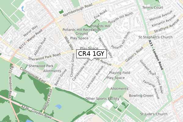 CR4 1GY map - small scale - OS Open Zoomstack (Ordnance Survey)