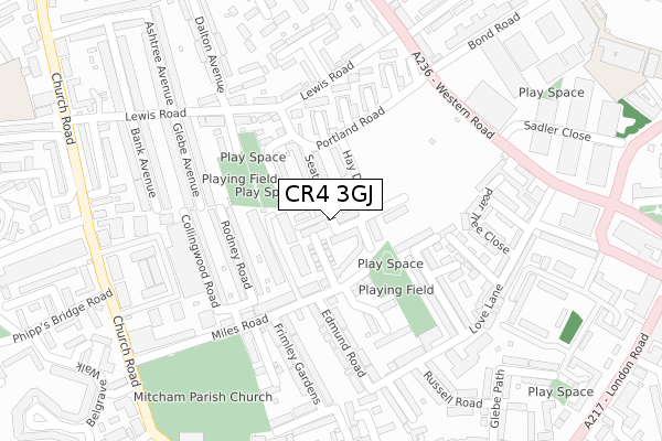 CR4 3GJ map - large scale - OS Open Zoomstack (Ordnance Survey)