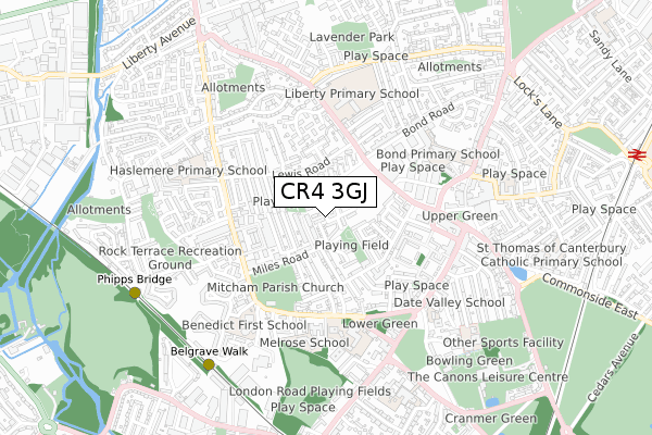 CR4 3GJ map - small scale - OS Open Zoomstack (Ordnance Survey)