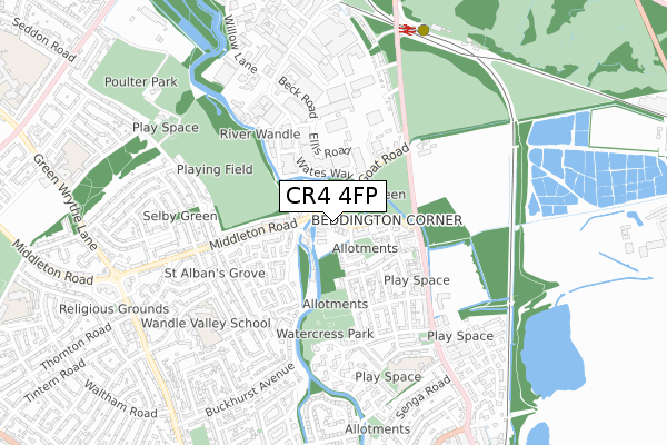 CR4 4FP map - small scale - OS Open Zoomstack (Ordnance Survey)