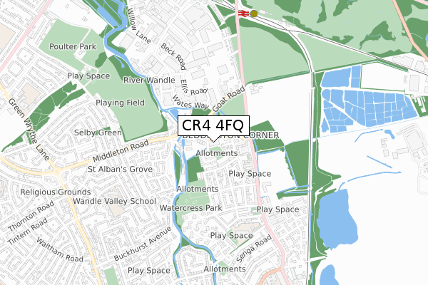 CR4 4FQ map - small scale - OS Open Zoomstack (Ordnance Survey)