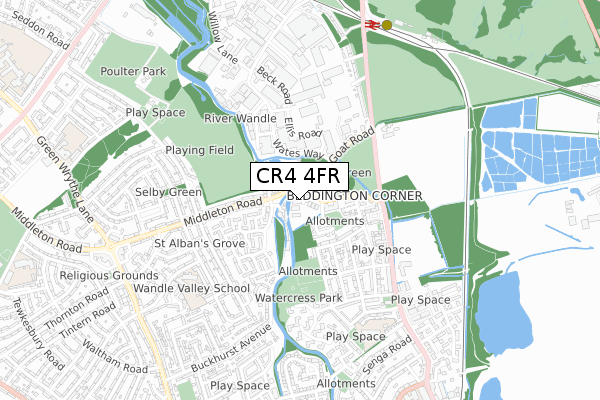 CR4 4FR map - small scale - OS Open Zoomstack (Ordnance Survey)