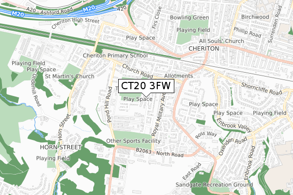 CT20 3FW map - small scale - OS Open Zoomstack (Ordnance Survey)