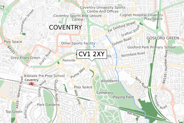 CV1 2XY map - small scale - OS Open Zoomstack (Ordnance Survey)