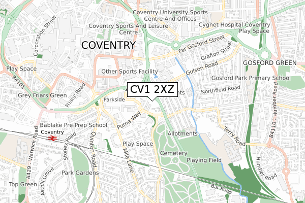 CV1 2XZ map - small scale - OS Open Zoomstack (Ordnance Survey)