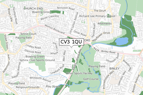 CV3 1QU map - small scale - OS Open Zoomstack (Ordnance Survey)