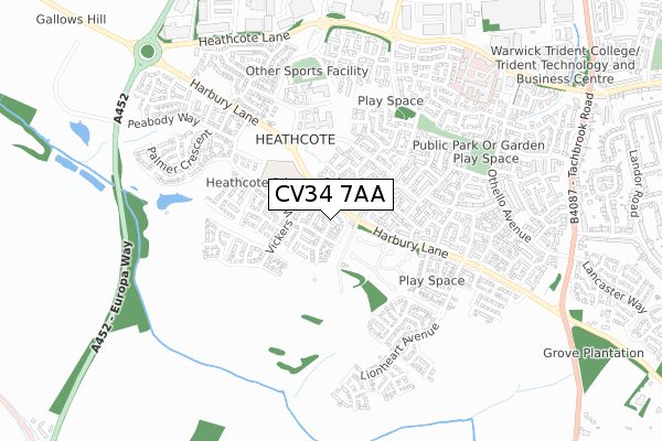 CV34 7AA map - small scale - OS Open Zoomstack (Ordnance Survey)