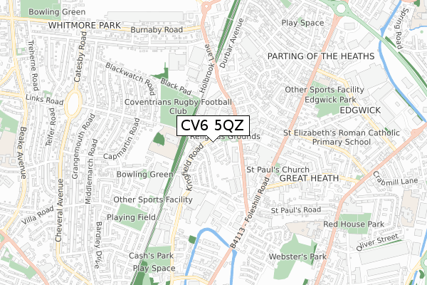 CV6 5QZ map - small scale - OS Open Zoomstack (Ordnance Survey)