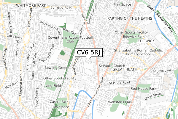 CV6 5RJ map - small scale - OS Open Zoomstack (Ordnance Survey)