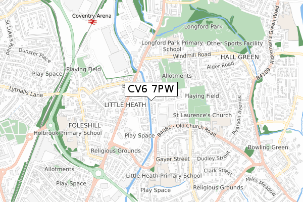 CV6 7PW map - small scale - OS Open Zoomstack (Ordnance Survey)