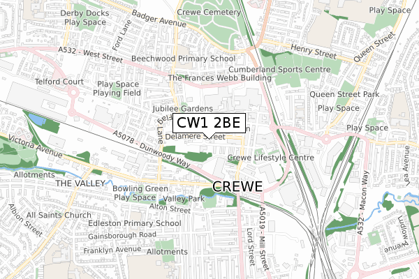 CW1 2BE map - small scale - OS Open Zoomstack (Ordnance Survey)