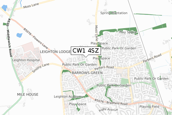 CW1 4SZ map - small scale - OS Open Zoomstack (Ordnance Survey)