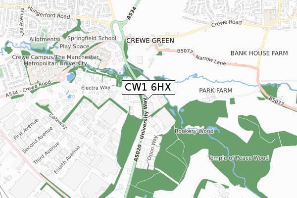 CW1 6HX map - small scale - OS Open Zoomstack (Ordnance Survey)