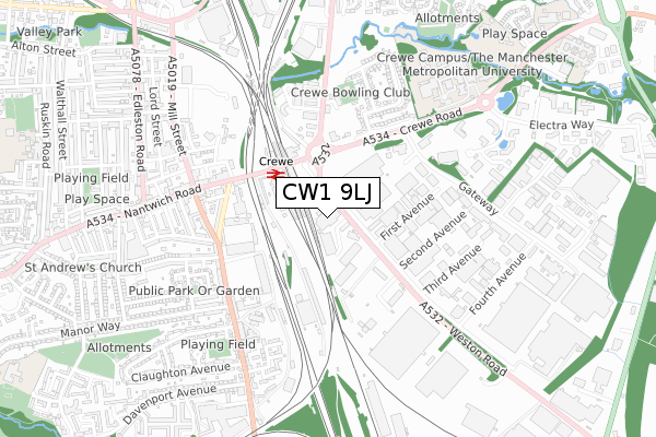 CW1 9LJ map - small scale - OS Open Zoomstack (Ordnance Survey)