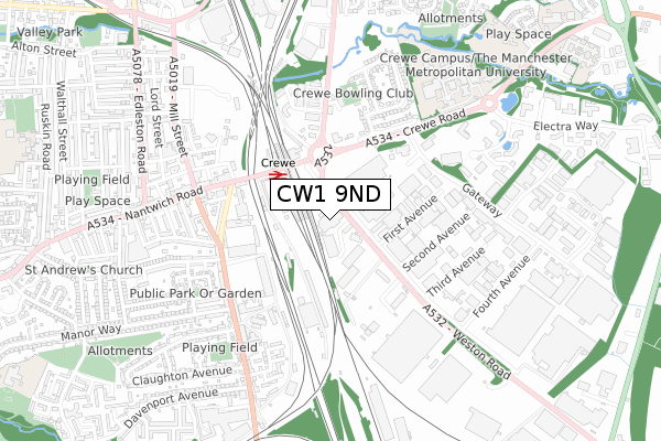 CW1 9ND map - small scale - OS Open Zoomstack (Ordnance Survey)