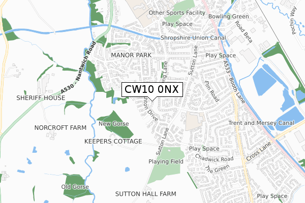 CW10 0NX map - small scale - OS Open Zoomstack (Ordnance Survey)