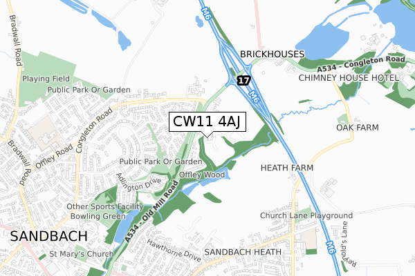 CW11 4AJ map - small scale - OS Open Zoomstack (Ordnance Survey)