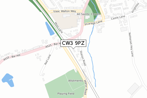 CW3 9PZ map - large scale - OS Open Zoomstack (Ordnance Survey)