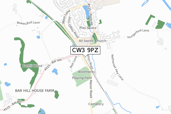 CW3 9PZ map - small scale - OS Open Zoomstack (Ordnance Survey)