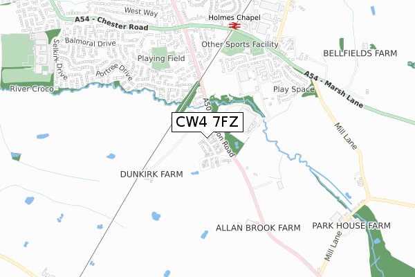 CW4 7FZ map - small scale - OS Open Zoomstack (Ordnance Survey)