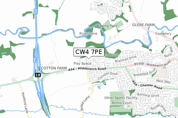 CW4 7PE map - small scale - OS Open Zoomstack (Ordnance Survey)