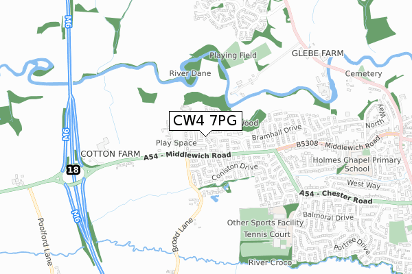 CW4 7PG map - small scale - OS Open Zoomstack (Ordnance Survey)