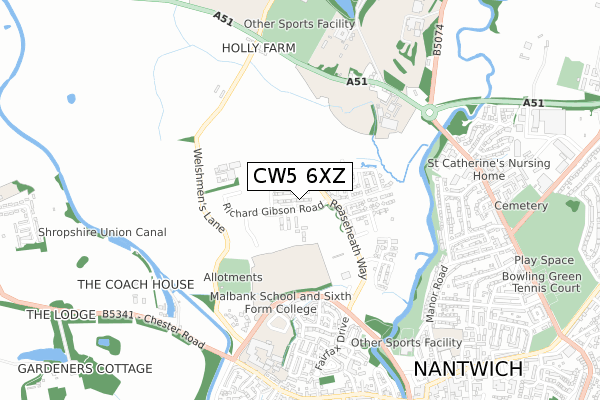 CW5 6XZ map - small scale - OS Open Zoomstack (Ordnance Survey)