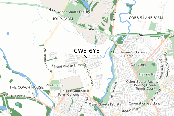 CW5 6YE map - small scale - OS Open Zoomstack (Ordnance Survey)