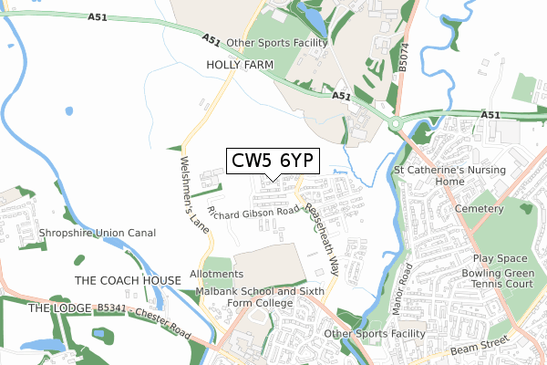 CW5 6YP map - small scale - OS Open Zoomstack (Ordnance Survey)