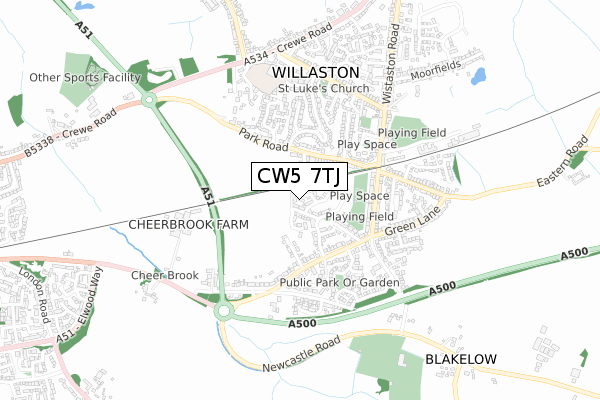 CW5 7TJ map - small scale - OS Open Zoomstack (Ordnance Survey)