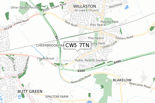 CW5 7TN map - small scale - OS Open Zoomstack (Ordnance Survey)