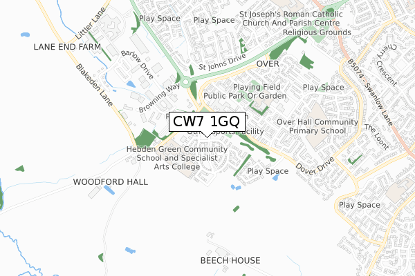 CW7 1GQ map - small scale - OS Open Zoomstack (Ordnance Survey)