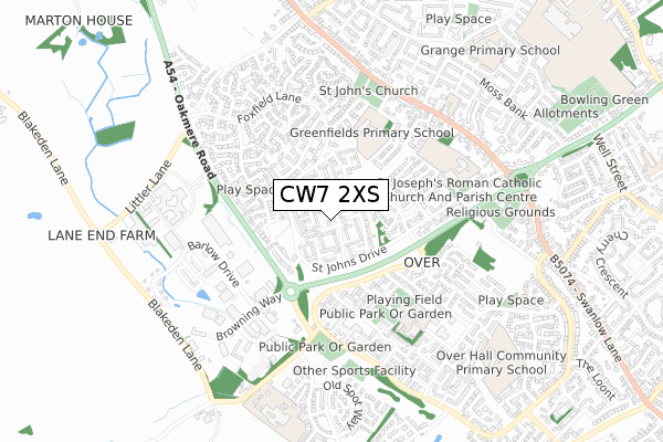 CW7 2XS map - small scale - OS Open Zoomstack (Ordnance Survey)