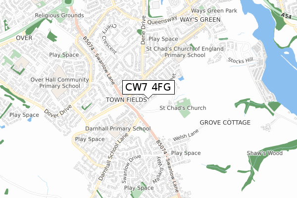 CW7 4FG map - small scale - OS Open Zoomstack (Ordnance Survey)