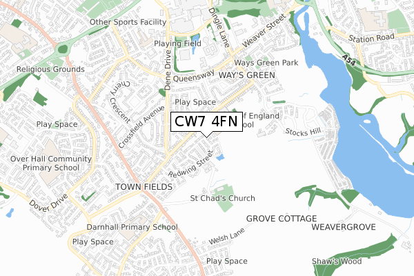 CW7 4FN map - small scale - OS Open Zoomstack (Ordnance Survey)